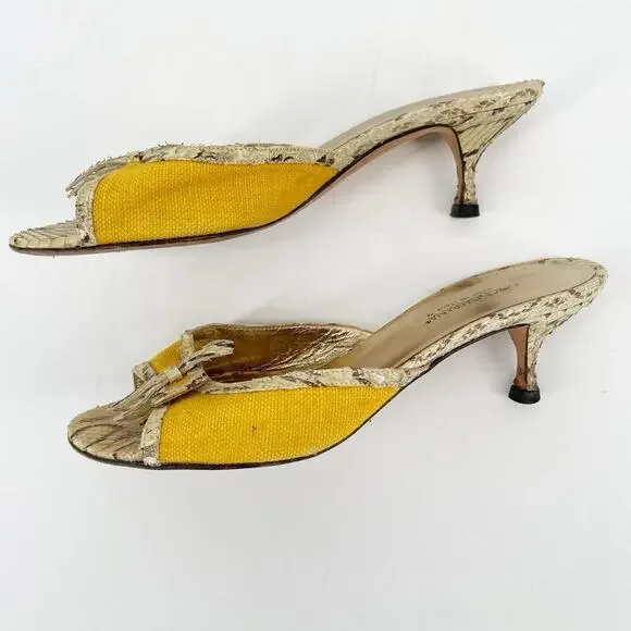 Dolce & Gabbana Retro Yellow Canvas Snakeskin Peep Toe Kitten Heel Mules IT 36 - Picture 4 of 11